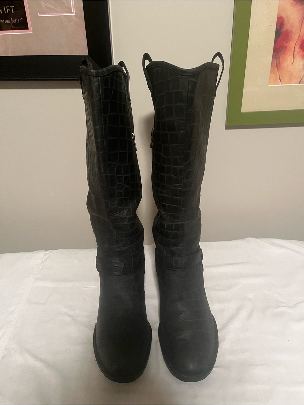 Born Black Croc-Embossed Mid-Calf Heeled Boots